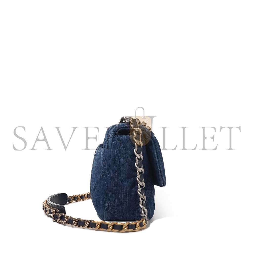 CHANEL BLUE QUILTED DENIM 19 FLAP BAG RUTHENIUM, BRUSHED GOLD AND PALE GOLD HARDWARE AS1160 (26*16*9cm)